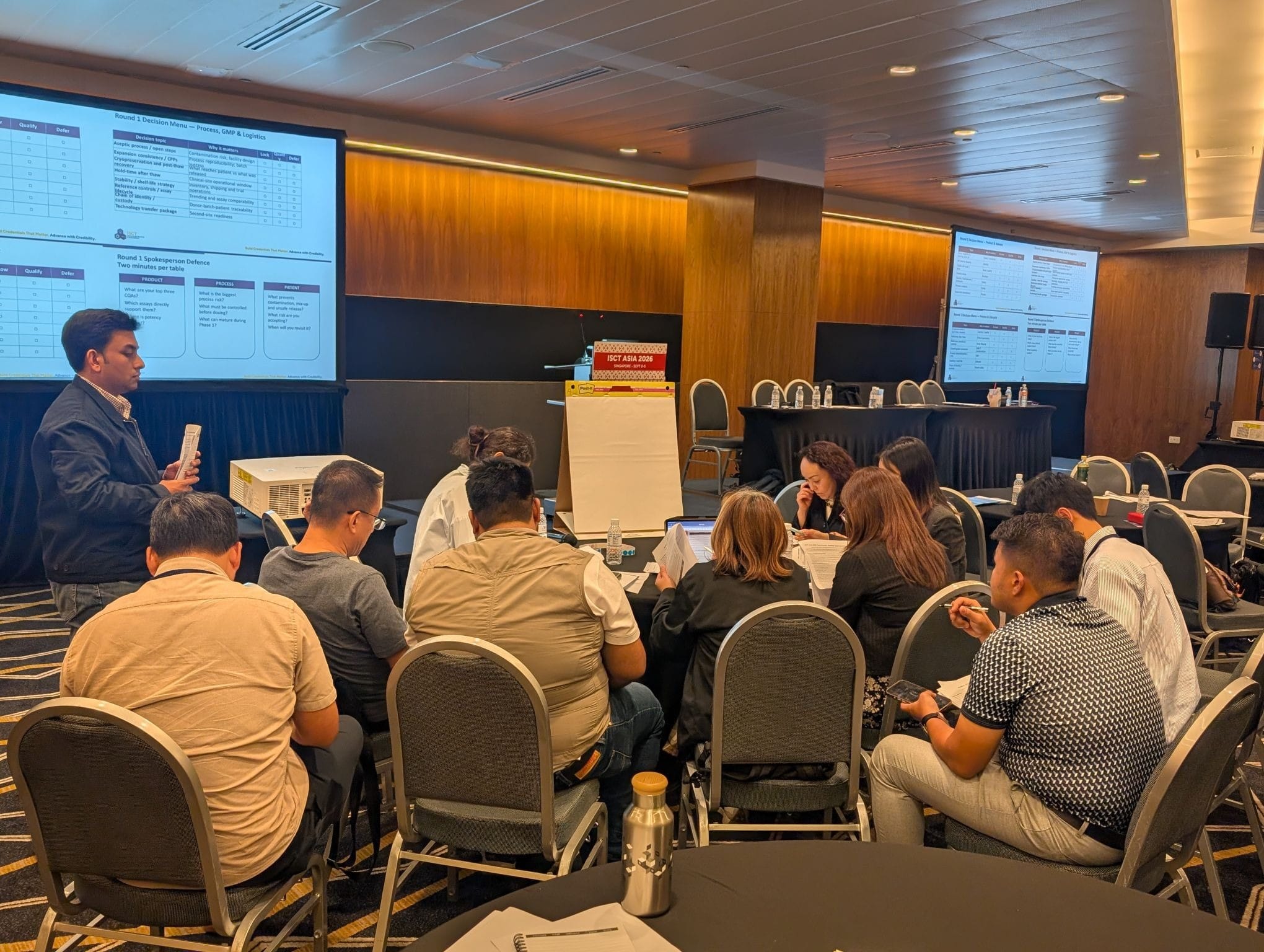 Participants taking part in an interactive workshop exercise on cell therapy manufacturing and product development at ISCT Asia 2026.